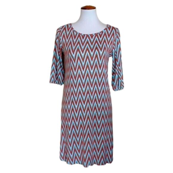 3/$20 Pixley Multicolored Chevron Designed Shift Dress w/ 3/4 Sleeves Size: Med - Picture 1 of 14